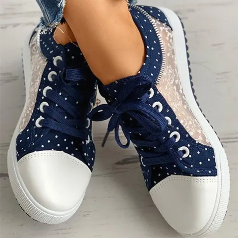 Women Breathable Mesh Hollow Out Polka Dot Canvas Shoes Vulcanized Flat Sneakers With Floral Pendant Lace Up Casual Shoes