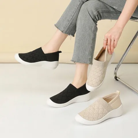 Women Fly-knit Wedge Slip-on Sneakers Breathable Thick Sole Casual Walking Shoes Lightweight Stitched Platform Loafers