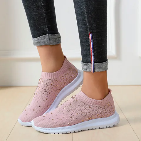 Γυναικεία Casual Flyknit Sneakers Στρας Slip-on Παπούτσια Περπατήματος Ελαφριά Αναπνεύσιμα Σπορ Φλατ Παπούτσια Μεγάλα Μεγέθη
