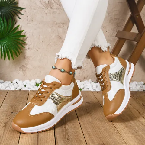 Women's Fashion Thick Sole Sneakers Color Block Lace-Up Height Increasing Casual Sports Shoes Patchwork Snake Print Shoes