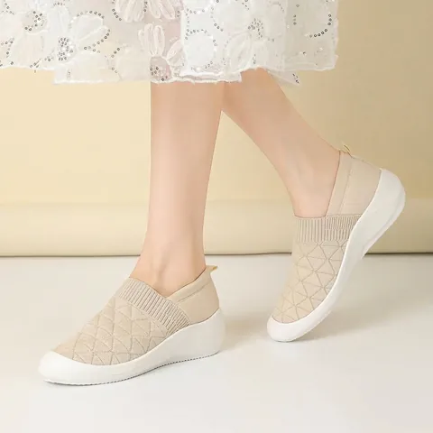 Women Fly-knit Wedge Slip-on Sneakers Breathable Thick Sole Casual Walking Shoes Lightweight Stitched Platform Loafers