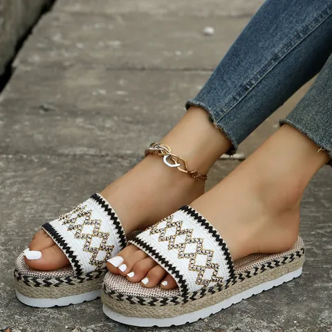Women's Bohemian Ethnic Style Platform Espadrille Sandals Woven Open Toe Summer Beach Slides Non-Slip Wedge Heel Holiday Shoes