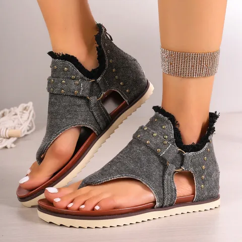 Women's Summer Flat Gladiator Sandals Thong Sandals With Back Zipper Metal Rivet Canvas Denim Casual Beach Sandals