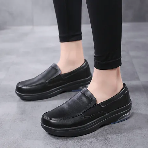 Women Air Cushion Nursing Shoes Medical Work Shoes Microfiber Leather Non-Slip Wedge Casual Loafers Breathable White Black