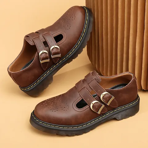 Mujeres Estilo Británico 8065 Mary Janes Cuero Crazy Horse Hebilla Doble Zapatos Bajos Brogue Costuras Amarillas Planos