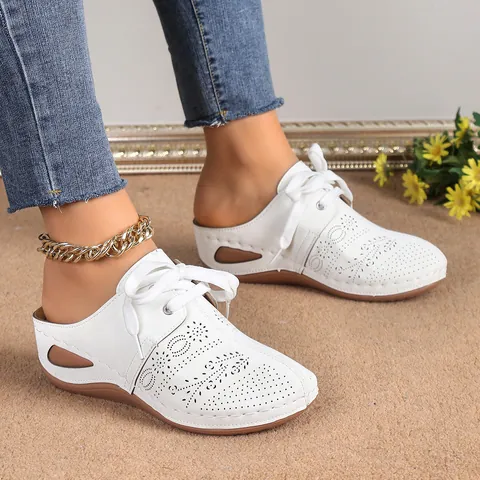 Women Casual Wedge Sandals Closed Toe Lace Up Hollow Out PU Leather Sandals For Daily Summer Leisure Outdoor Fashion Slippers