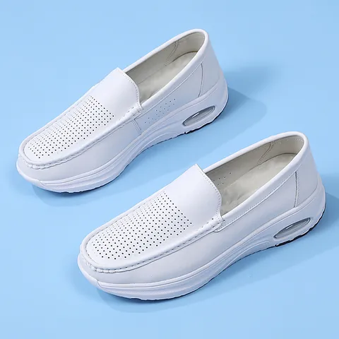 Unisex Cowhide Leather Air Cushion Nurse Shoes Breathable Hollow Professional Hospital Doctor Work Shoes Anti-Slip Slip-on Comfort Work Shoes