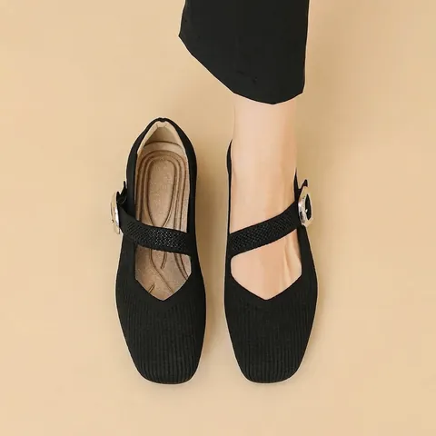 Bailarinas Mary Jane de Punta Cuadrada para Mujer Zapatos Planos de Punto Transpirables con Correa de Hebilla Metálica Zapatos Casuales de Suela Suave