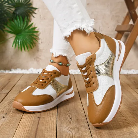 Women's Fashion Thick Sole Sneakers Color Block Lace-Up Height Increasing Casual Sports Shoes Patchwork Snake Print Shoes