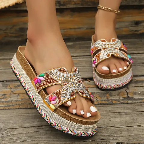 Ciabatte con Zeppa in Strass Bohémien da Donna Sandali Espadrillas in Sughero Decorazione con Perline Etniche Scarpe da Spiaggia