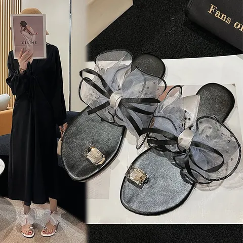 Fairy Style Women Flat Toe Ring Sandals With Large Mesh Bowknot And Square Rhinestone Decor Summer Beach Casual Slippers