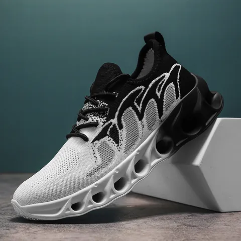 Men Lightweight Flyknit Breathable Running Shoes Shock Absorption Hollow Out Sole Casual Sports Sneakers Spring Summer Training Fitness Gym Shoes