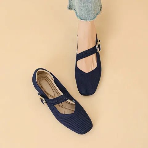 Bailarinas Mary Jane de Punta Cuadrada para Mujer Zapatos Planos de Punto Transpirables con Correa de Hebilla Metálica Zapatos Casuales de Suela Suave