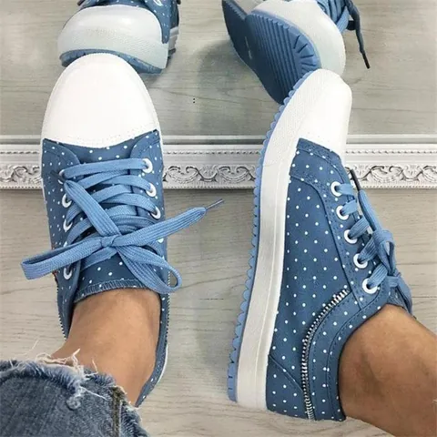 Women's Casual Polka Dot Mesh Floral Cutout Canvas Shoes Breathable Flat Vulcanized Sneakers With Flower Charm Light Blue Dark Blue