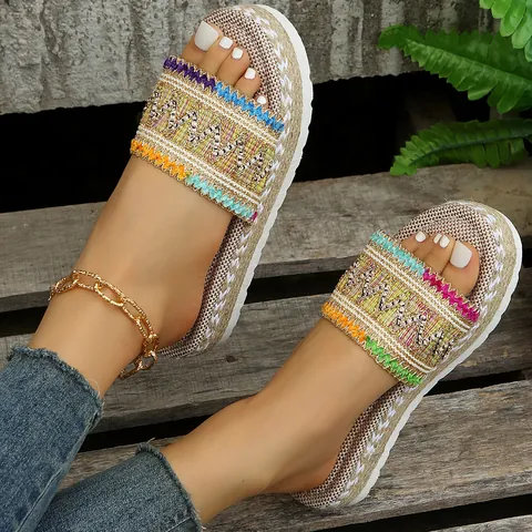 Women's Bohemian Ethnic Style Platform Espadrille Sandals Woven Open Toe Summer Beach Slides Non-Slip Wedge Heel Holiday Shoes
