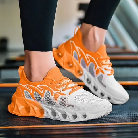 Men Lightweight Flyknit Breathable Running Shoes Shock Absorption Hollow Out Sole Casual Sports Sneakers Spring Summer Training Fitness Gym Shoes