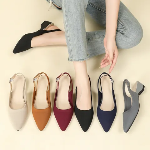 Décolleté Slingback da Donna con Tacco Largo in Maglia Punta Affusolata Cinturino Traspirante Scarpe Ufficio Casual