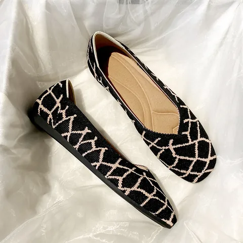 Scarpe Basse Intrecciate a Punta Quadrata da Donna Maculato Vintage Scarpe della Nonna Casual Traspiranti Loafers