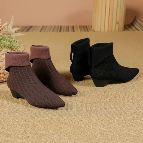 Damen Spitze Strick Keilabsatz Stiefeletten Elegante Umschlagmanschette Einfarbige Slim Fit Kurze Stiefel Für Herbst Winter
