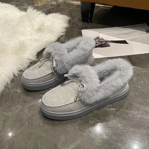 Women Winter Warm Slippers Faux Fur Lined Bowknot Flat Plush Shoes European American Large Size House Slippers For Women
