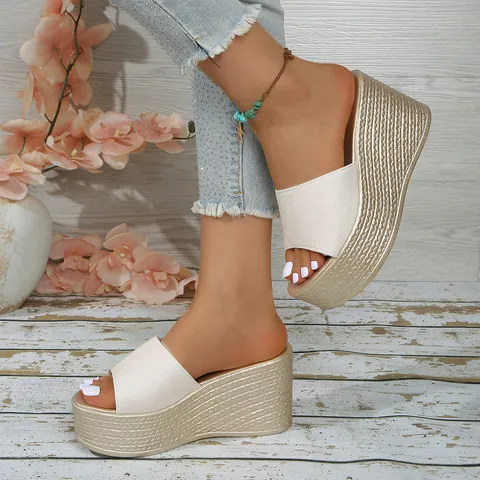 Sandales à Plateforme et Talons Compensés pour Femmes Bout Ouvert Chaussures d'Été avec Texture Tissée Semelle Épaisse Talons Hauts Pantoufles de Plage Grandes Tailles