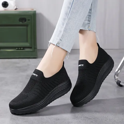 Women's Rocker Sole Walking Shoes Breathable Flyknit Mesh Slip-on Sneakers Comfortable Thick Bottom Work Nursing Shoes