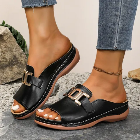 Women Wedge Slippers Summer PU Leather Metal Buckle Platform Peep Toe Open Toe Sandals Fashion Beach Outdoor Shoes