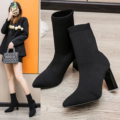 Women's Pointed Toe Flyknit Stretch Ankle Boots Chunky High Heel Sock Boots Breathable Slip On Fashion Dress Shoes