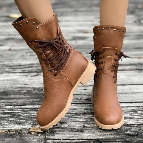 Dames Halverwege de Kuit Ridderlaarzen Britse Stijl Vetersluiting PU-Leer Martin Boots Effen Kleur Klinknagels Winter Schoeisel