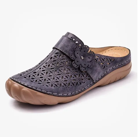 Women's Retro Hollow Out Floral Mules Summer Thick Sole Breathable Clog Sandals PU Leather Casual Slip On Comfort Shoes