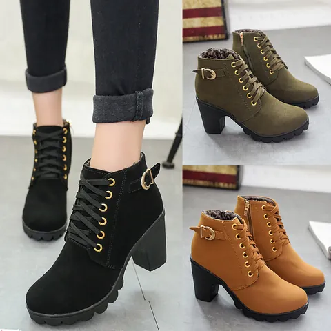 Women Suede Chunky Heel Ankle Boots Round Toe Lace-up Martin Boots With Belt Buckle Rubber Sole Autumn Winter Casual Footwear
