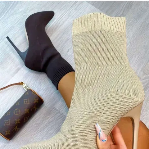 Women Pointed Toe Stiletto Ankle Boots Sexy Sock Boots High Heel Commuter Microfiber Slip On Fashion Booties