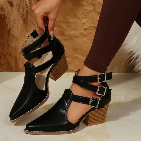 Women Pointed Toe Block Heel Ankle Boots Vintage Belt Buckle Roman Gladiator Sandals Boots Patent Leather Hollow Out Shoes