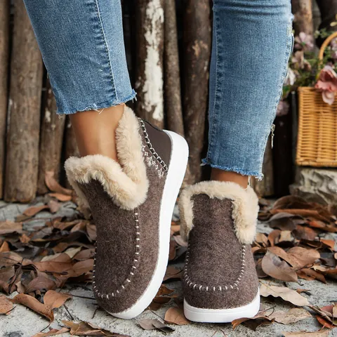 Botas de Nieve de Invierno para Mujer Forro de Lana de Cordero Sintética Parte Superior de Algodón Cálido Zapatos de Casa Planos con Suela de Caucho