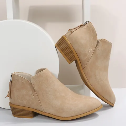 Bottines Chelsea à Bout Pointu pour Femmes en Daim Synthétique Style Britannique Talon Bloc Fermeture Éclair Arrière Chaussures Élégantes