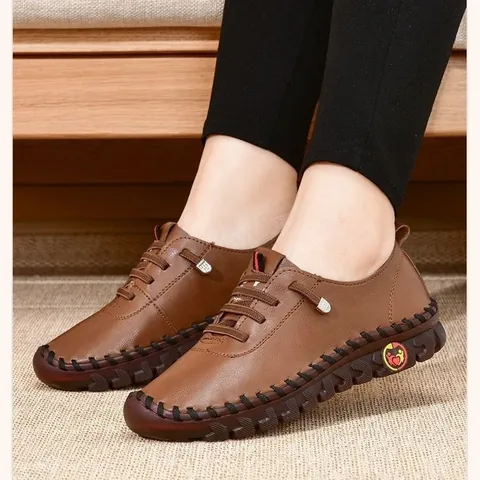 Mocassins Décontractés pour Femmes en Cuir Synthétique Souple Chaussures Plates Confortables Semelle Flexible à Lacets pour Mères