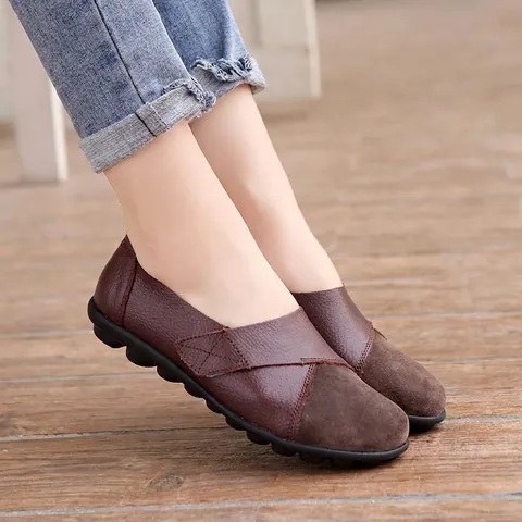 Damen Casual Echtes Leder Mokassins Wildleder Spleißen Flache Loafers Klettverschluss Bequeme Runde Zehe Wanderschuhe Plus Damen Schuhe