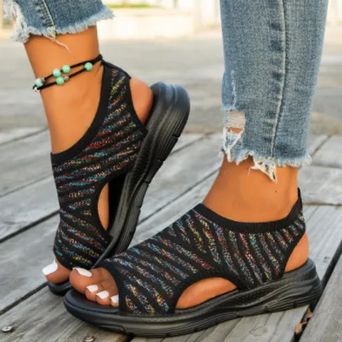 Damen Sommer Netz Peep Toe Sandalen Lässige Regenbogenstreifen Dicke Weiche Sohle Slides Atmungsaktive Verschleißfeste Strand Sandalen Übergröße