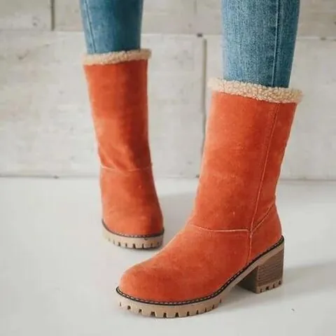 Women Winter Mid Calf Snow Boots Faux Fur Lined Thick Heel Platform Warm Western Casual Solid Color Boots