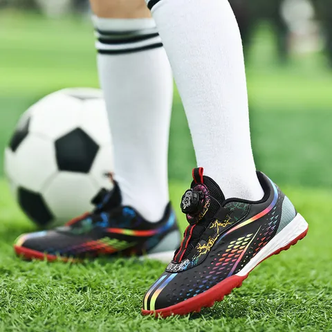 Kids Soccer Shoes For Boys Girls Rotating Buckle TF Turf Studs Rainbow Gradient Lightweight Non-slip Professional Training Football Shoes