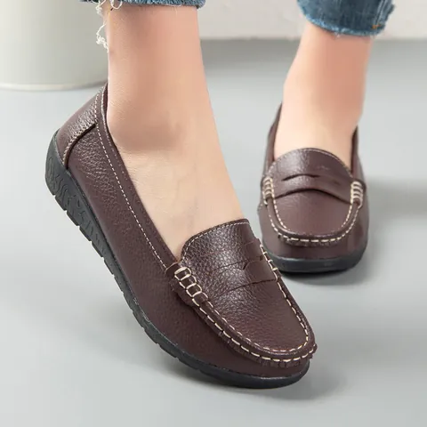 Echtes Leder Damen Loafer Lässig Weiche Sohle Slip-On Krankenschwesternschuhe Litschimuster Bequeme Flache Mokassins Wanderschuhe Damen