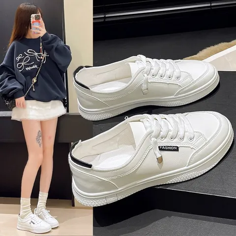 Zapatos de Skate Blancos Retro para Mujer Minimalistas Cuero PU Cordones Plano Punta Redonda Zapatillas Informales Moda Caminar Estudiante