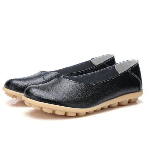 Women Cowhide Leather Loafers Comfortable Flat Shoes Slip-On Soft Sole Moccasins Casual Maternity Walking Shoes Plus Size
