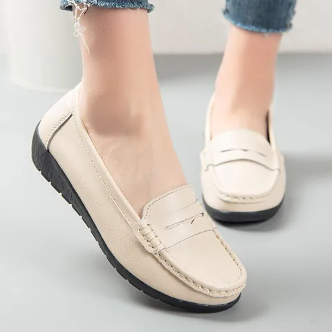 Echtes Leder Damen Loafer Lässig Weiche Sohle Slip-On Krankenschwesternschuhe Litschimuster Bequeme Flache Mokassins Wanderschuhe Damen