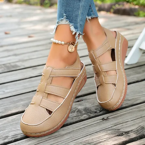 Women's Casual Wedge Sandals Litchi Grain PU Closed Toe Cut-out Platform Sandals Hook and Loop Comfortable Summer Shoes