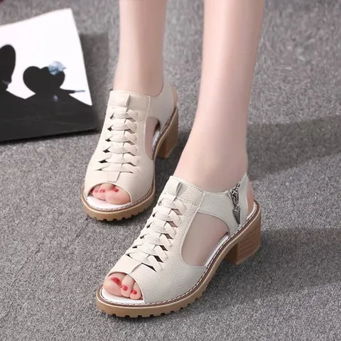 Women Block Heel Roman Sandals Hollow Out Woven Peep Toe Mid Heel Gladiator Sandals Side Zipper Synthetic PU Casual Summer Shoes