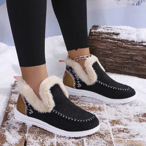 Dames Warme Winter Sneeuwlaarzen Kunstleer Katoenen Schoenen Met Imitatiebontvoering Antislip Platte Casual Schoenen Grote Maat Binnen Buiten