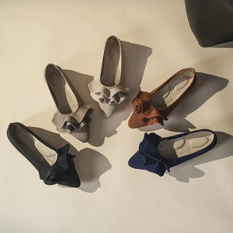 Scarpe Basse Flyknit Donna Stile Coreano Traspiranti con Volant Punta Scarpe Casual Comode Loafer Suola Morbida per Ufficio Casa