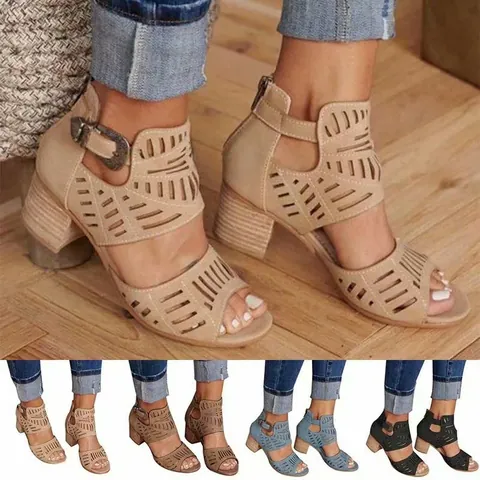 Sandales à Talons Blocs Peep Toe pour Femmes Cuir Synthétique Ajouré Fermeture Éclair Arrière Boucle Chaussures Été Décontractées