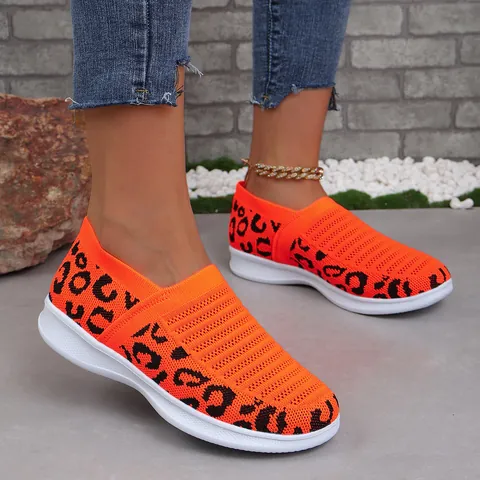 Γυναικεία Μοντέρνα Flyknit Sneakers με Λεοπάρ Μοτίβο Αναπνεύσιμο Πλέγμα Slip-On Casual Παπούτσια Πλατφόρμα Μεγάλα Μεγέθη